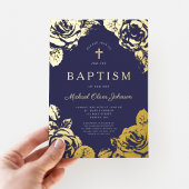 Invitation En Aluminium Elégant Marine Bleu Floral Boy Baptism Or