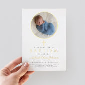 Invitation En Aluminium Elégant Marine Bleu Garçon Photo Religieux Baptême