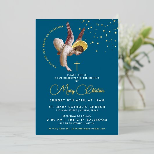 Invitation En Aluminium Elégant Marine Blue Angel Cross Religieux Baptême (Debout devant)