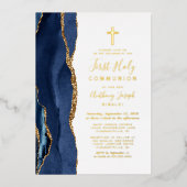 Invitation En Aluminium Elégant Marine Blue Gold Agate Première communion (Recto)