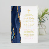 Invitation En Aluminium Elégant Marine Blue Gold Agate Première communion (Debout devant)
