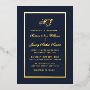 Invitation En Aluminium Élégant Marine Blue Gold Calligraphy Script Mariag