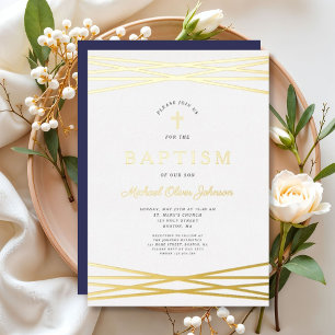 Invitation En Aluminium Élégant Marine Blue Gold Script Garçon Baptême