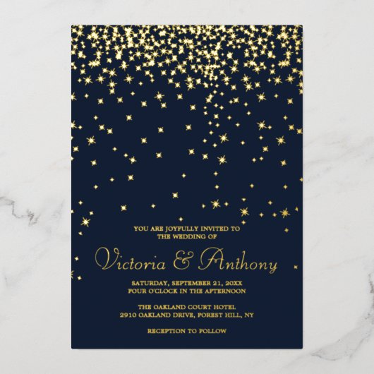 Invitation En Aluminium Elégant Marine & Gold Falling Stars Mariage Real (Recto)