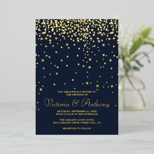 Invitation En Aluminium Elégant Marine & Gold Falling Stars Mariage Real (Debout devant)