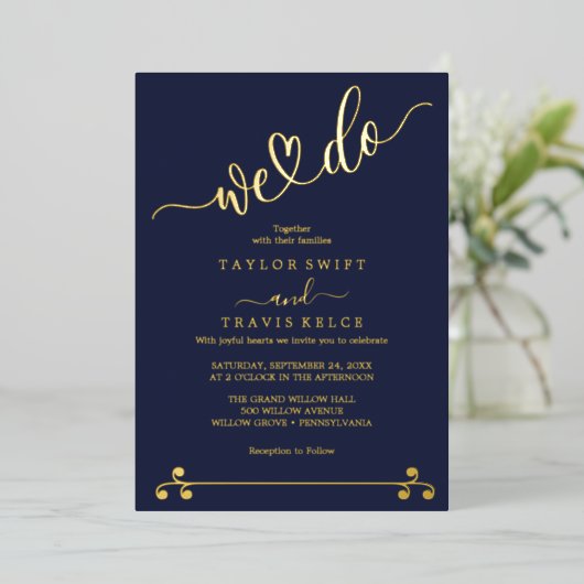 Invitation En Aluminium Elégant Marine & Gold Foil "We Do" Mariage (Debout devant)