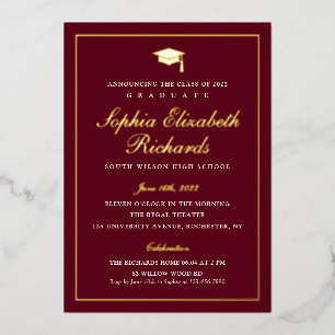 Invitation En Aluminium Elégant Maron et Gold 3 Photo Graduation