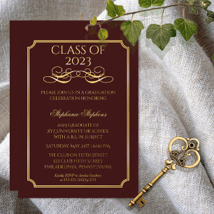 Invitation En Aluminium Élégant Maroon University Graduation Party Gold