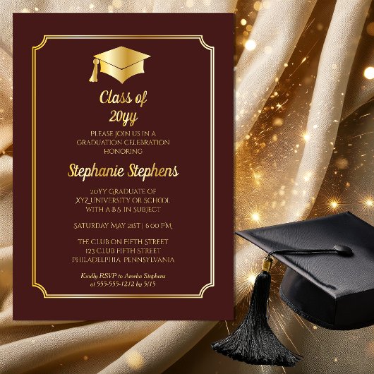 Invitation En Aluminium Élégant Maroon University Graduation Party Gold