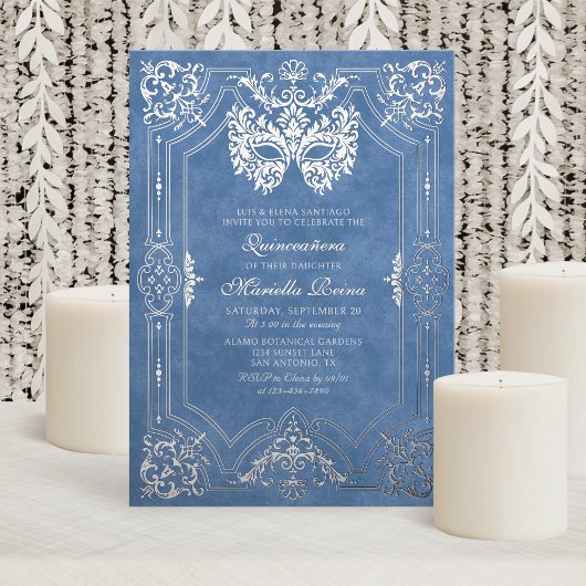 Invitation En Aluminium Elégant Mascarade Bleue Mascaré Quinceanera
