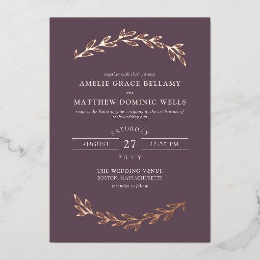 Invitation En Aluminium Elégant Mauve foncé & Rose Gold Mariage (Recto)