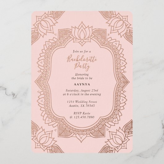 Invitation En Aluminium Élégant Mehndi Bachelorette Rose Gold (Recto)