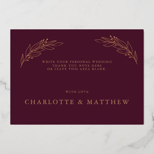 Invitation En Aluminium Elégant Merci de Mariage de Bourgogne et d'or (Verso)