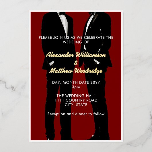 Invitation En Aluminium Elégant moderne Hommes Gay Mariage Or (Recto)