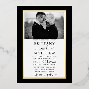Invitation En Aluminium Élégant Moderne Mariage Photo Noir et Blanc Or