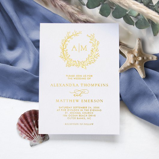 Invitation En Aluminium Elégant Monogram Beach Mariage Real Gold