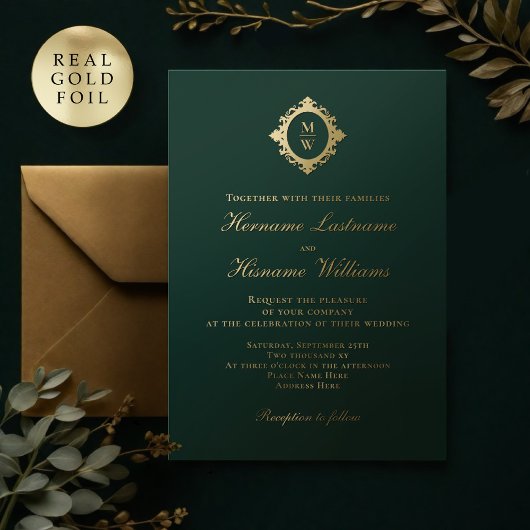 Invitation En Aluminium Élégant Monogram Classic Luxe Emerald Green Gold