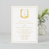 Invitation En Aluminium Élégant Monogram Crest Mariage Gold (Debout devant)