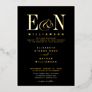 Invitation En Aluminium Élégant Monogram Mariage Black Gold