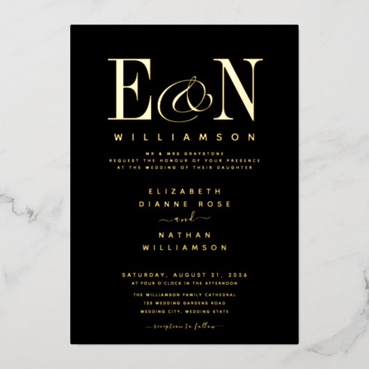 Invitation En Aluminium Élégant Monogram Mariage Black Gold (Recto)
