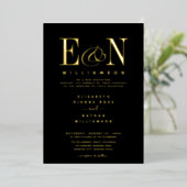 Invitation En Aluminium Élégant Monogram Mariage Black Gold (Debout devant)