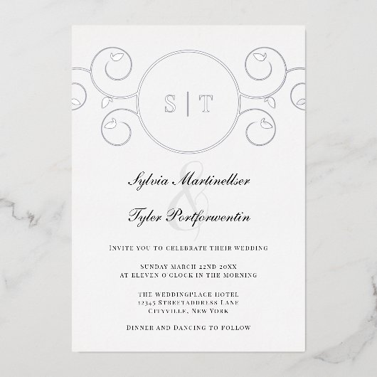 Invitation En Aluminium Élégant Monogram Mariage noir argent (Recto)
