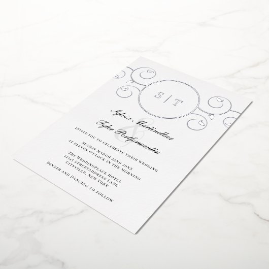Invitation En Aluminium Élégant Monogram Mariage noir argent (Rotation)