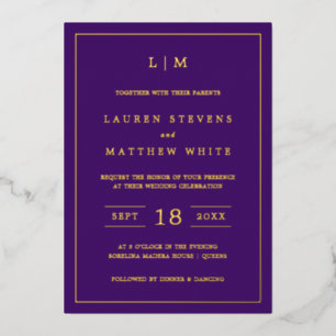 Invitation En Aluminium Élégant Monogramme Bijou Ton Violet Mariage Or