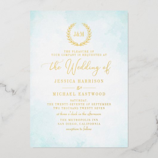Invitation En Aluminium Élégant Monogramme Classique Turquoise Mariage Or (Recto)