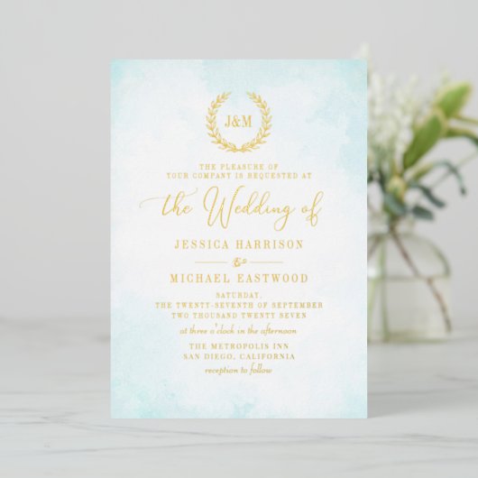 Invitation En Aluminium Élégant Monogramme Classique Turquoise Mariage Or (Debout devant)