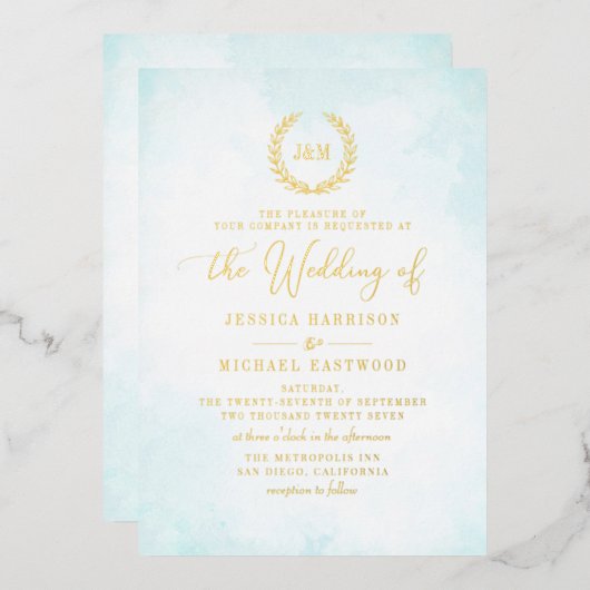 Invitation En Aluminium Élégant Monogramme Classique Turquoise Mariage Or (Recto/Verso)