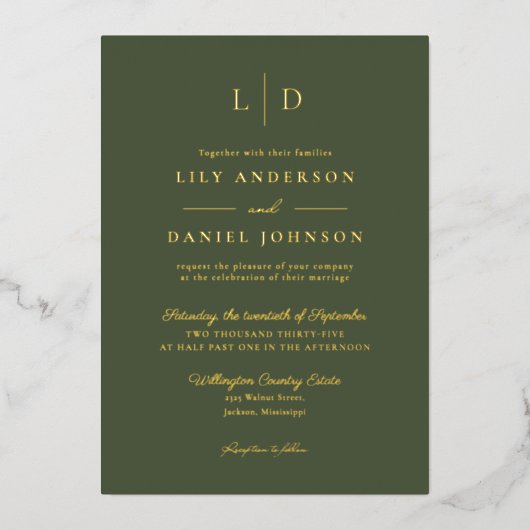 Invitation En Aluminium Élégant Monogramme Code QR Mariage Vert Olive Or (Recto)