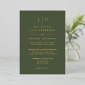 Invitation En Aluminium Élégant Monogramme Code QR Mariage Vert Olive Or (Debout devant)