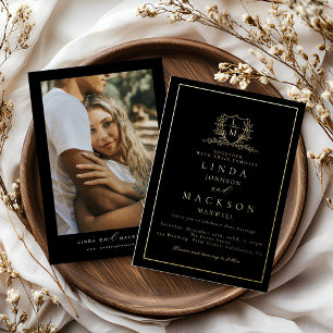 Invitation En Aluminium Elegant monogramme de blason botanique doré mariag