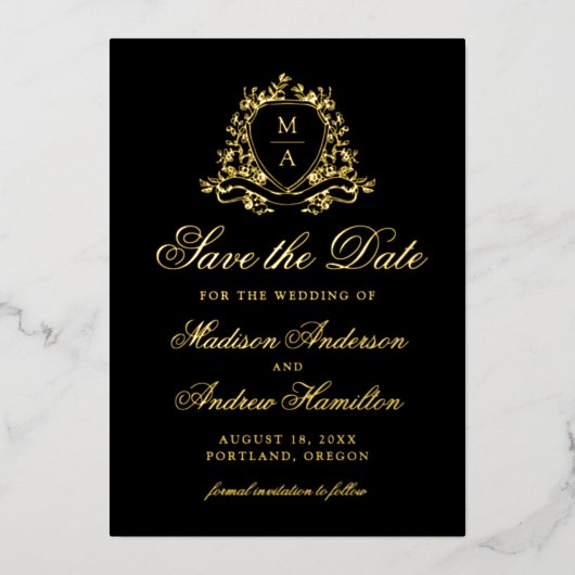 Invitation En Aluminium Élégant Monogramme De Crête D'Or Mariage Enregistr (Recto)