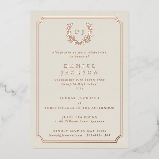 Invitation En Aluminium Élégant Monogramme d'ivoire + Laurel Wreath Gradua (Recto)