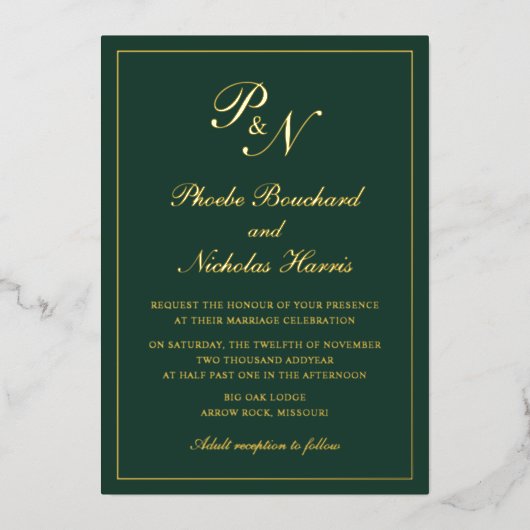 Invitation En Aluminium Élégant Monogramme Formal Forme Forme Mariage Vert (Recto)