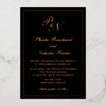 Invitation En Aluminium Élégant Monogramme Formal Mariage noir Rose Or<br><div class="desc">Faire-part de mariage en feuille d'or noir et rose de style traditionnel avec un design simple et classique avec vos deux monogrammes initiaux et vos noms dans une élégante calligraphie à l'intérieur d'une mince bordure. Tous les éléments de conception à l'avant sont imprimés en papier véritable. Cette Faire-part de mariage...</div>