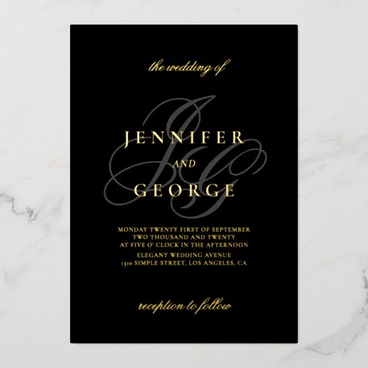 Invitation En Aluminium Élégant monogramme initiales mariage noir or (Recto)