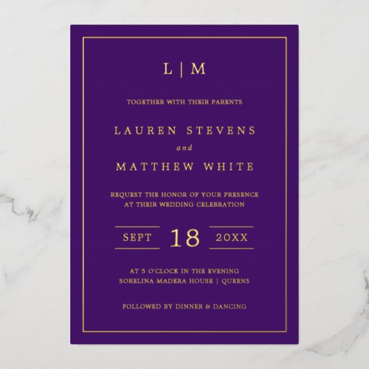 Invitation En Aluminium Elégant Monogramme Joyau Tone Violet Mariage Or (Recto)