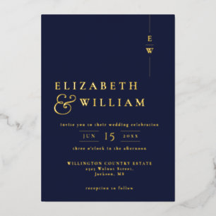 Invitation En Aluminium Élégant Monogramme Mariage Bleu Nuit Et Or