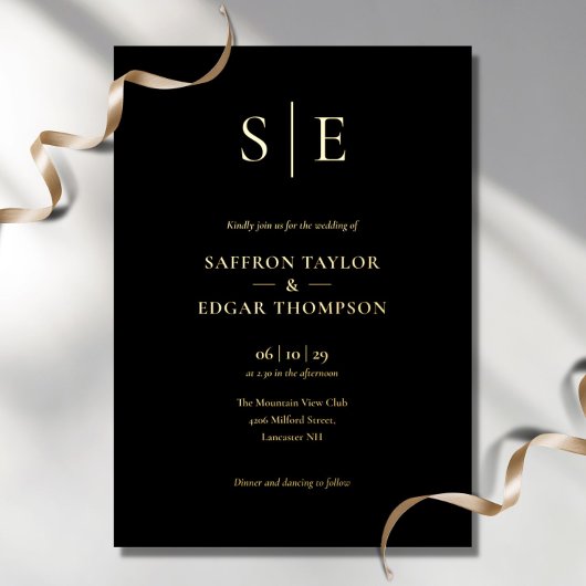 Invitation En Aluminium Élégant Monogramme Mariage noir et or