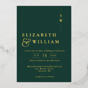 Invitation En Aluminium Élégant Monogramme Mariage Vert Émeraude Et Or