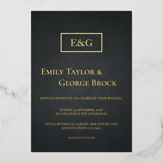 Invitation En Aluminium Élégant Monogramme Noir Et Or Mariage Rustique (Recto)