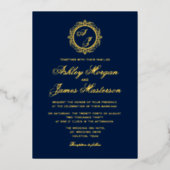 Invitation En Aluminium Elégant Monogramme Or Marine Mariage bleu (Recto)