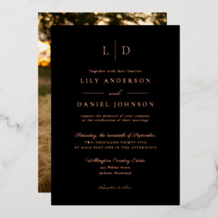 Invitation En Aluminium Élégant Monogramme Photo Mariage Or Rose Noir