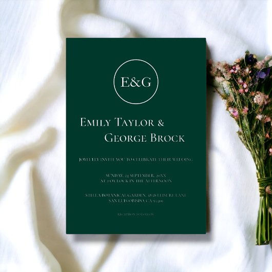 Invitation En Aluminium Élégant Monogramme simple Mariage Emerald Argent