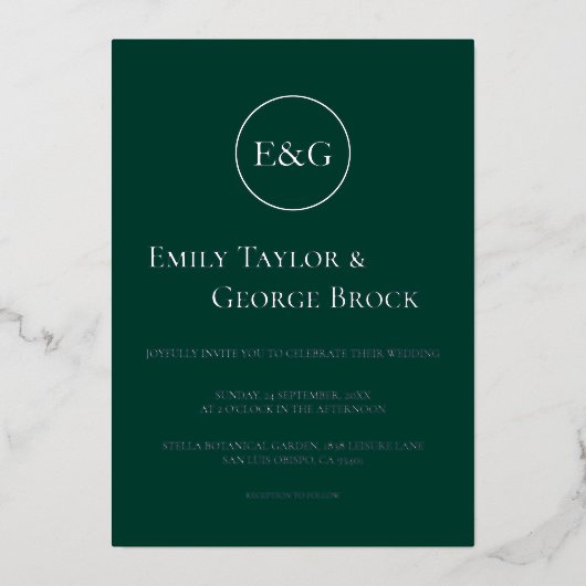Invitation En Aluminium Élégant Monogramme simple Mariage Emerald Argent (Recto)
