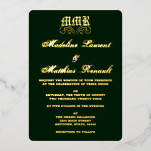 Invitation En Aluminium Élégant Monogramme Vert Foncé et Or Mariage