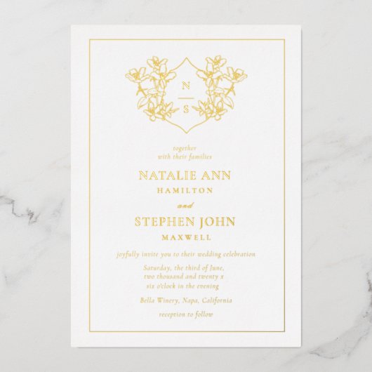 Invitation En Aluminium Élégant Monogramme Wreath Mariage Gold (Recto)